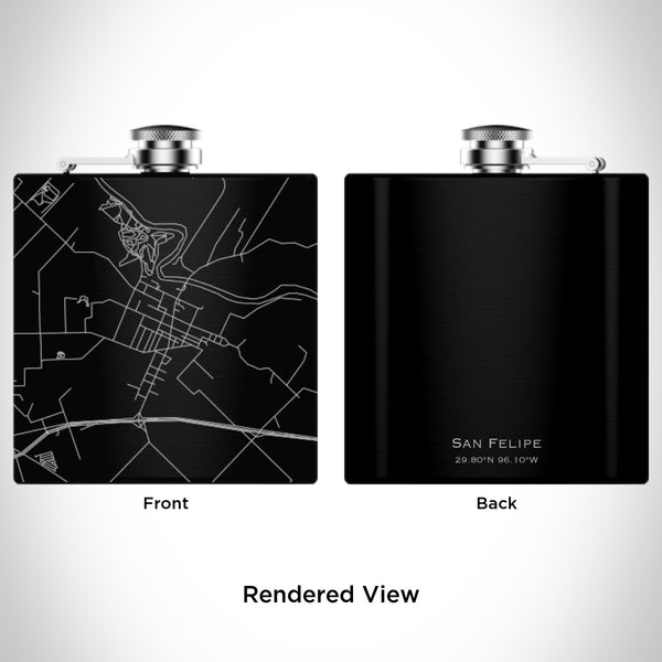Rendered View of San Felipe Texas Map Engraving on 6oz Stainless Steel Flask in Black