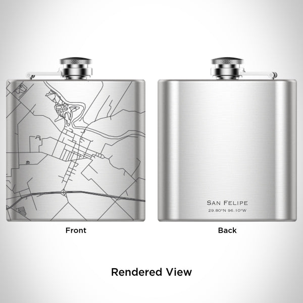 Rendered View of San Felipe Texas Map Engraving on 6oz Stainless Steel Flask