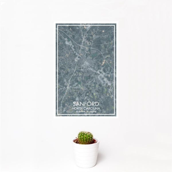12x18 Sanford North Carolina Map Print Portrait Orientation in Afternoon Style With Small Cactus Plant in White Planter