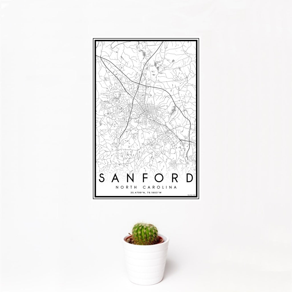 12x18 Sanford North Carolina Map Print Portrait Orientation in Classic Style With Small Cactus Plant in White Planter