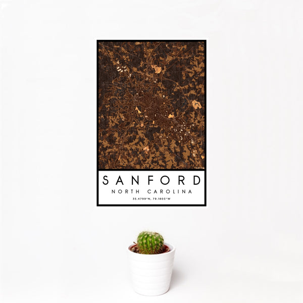 12x18 Sanford North Carolina Map Print Portrait Orientation in Ember Style With Small Cactus Plant in White Planter