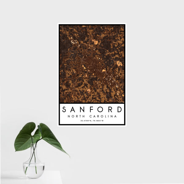 16x24 Sanford North Carolina Map Print Portrait Orientation in Ember Style With Tropical Plant Leaves in Water