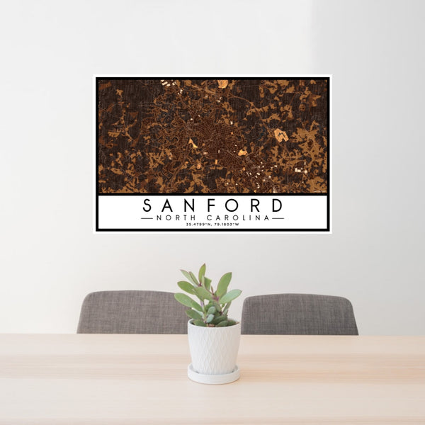 24x36 Sanford North Carolina Map Print Lanscape Orientation in Ember Style Behind 2 Chairs Table and Potted Plant
