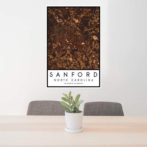 24x36 Sanford North Carolina Map Print Portrait Orientation in Ember Style Behind 2 Chairs Table and Potted Plant