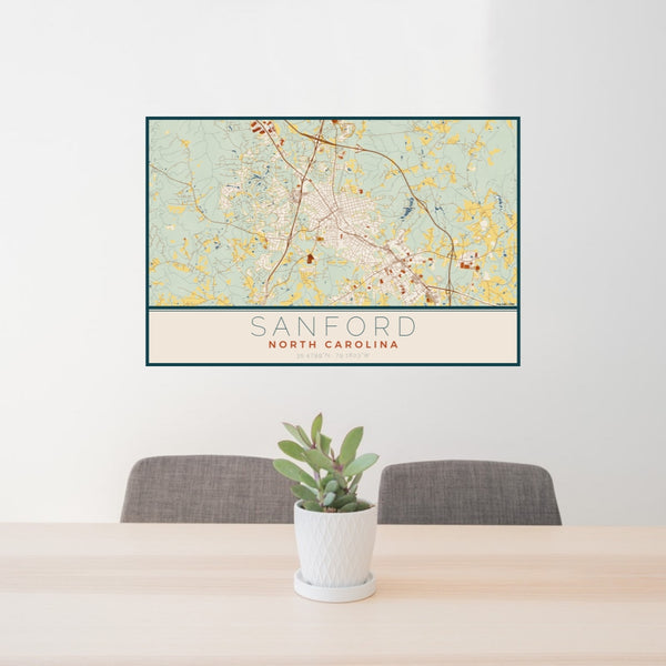 24x36 Sanford North Carolina Map Print Lanscape Orientation in Woodblock Style Behind 2 Chairs Table and Potted Plant