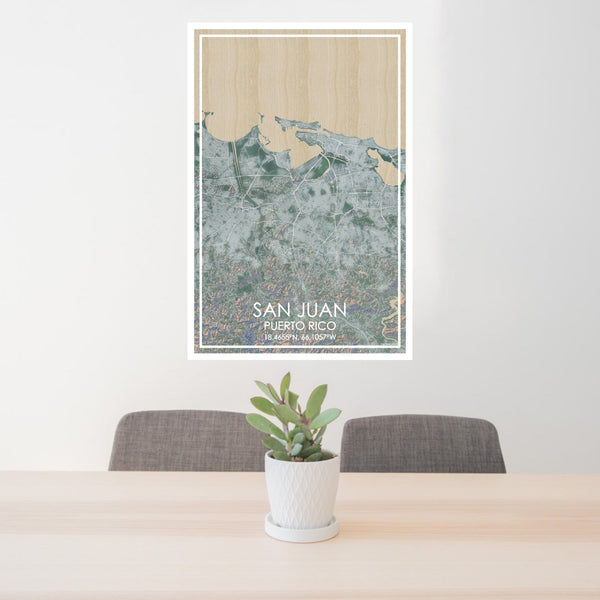 24x36 San Juan Puerto Rico Map Print Portrait Orientation in Afternoon Style Behind 2 Chairs Table and Potted Plant