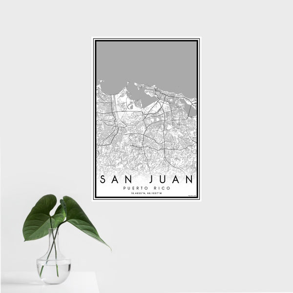 16x24 San Juan Puerto Rico Map Print Portrait Orientation in Classic Style With Tropical Plant Leaves in Water