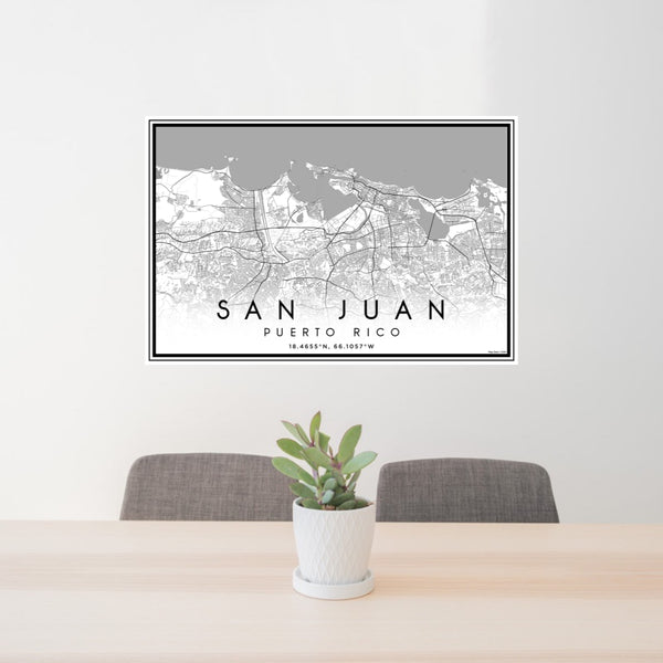 24x36 San Juan Puerto Rico Map Print Landscape Orientation in Classic Style Behind 2 Chairs Table and Potted Plant