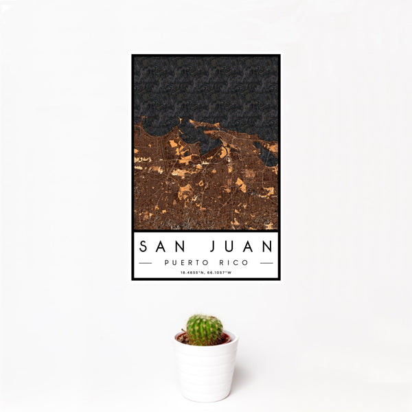 12x18 San Juan Puerto Rico Map Print Portrait Orientation in Ember Style With Small Cactus Plant in White Planter