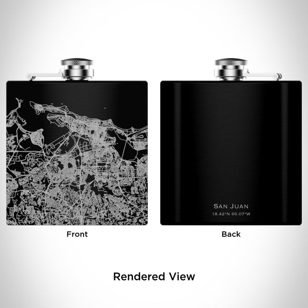 Rendered View of San Juan Puerto Rico Map Engraving on 6oz Stainless Steel Flask in Black