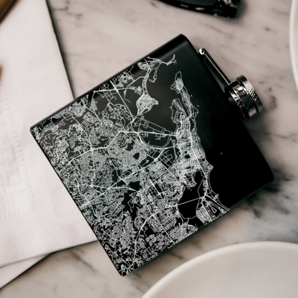 San Juan Puerto Rico Custom Engraved City Map Inscription Coordinates on 6oz Stainless Steel Flask in Black