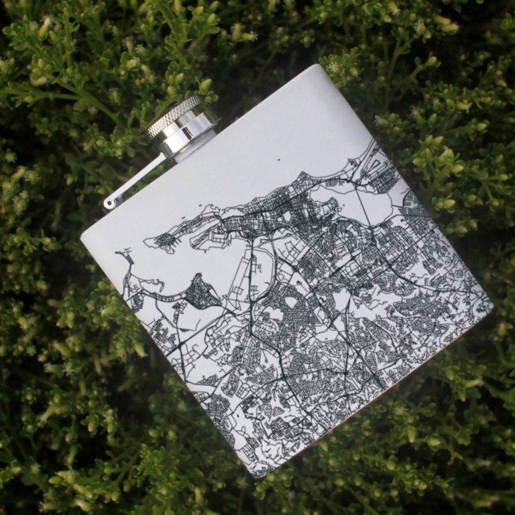 San Juan Puerto Rico Custom Engraved City Map Inscription Coordinates on 6oz Stainless Steel Flask in White