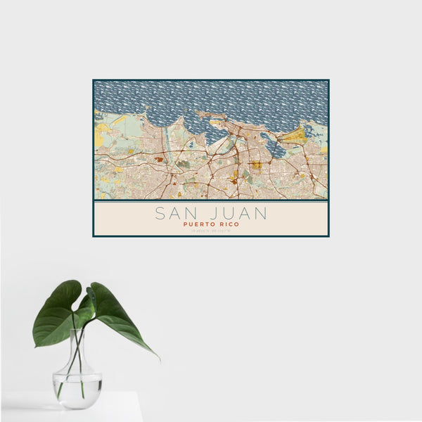 16x24 San Juan Puerto Rico Map Print Landscape Orientation in Woodblock Style With Tropical Plant Leaves in Water
