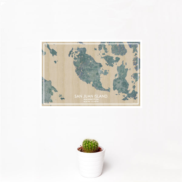 12x18 San Juan Island Washington Map Print Landscape Orientation in Afternoon Style With Small Cactus Plant in White Planter
