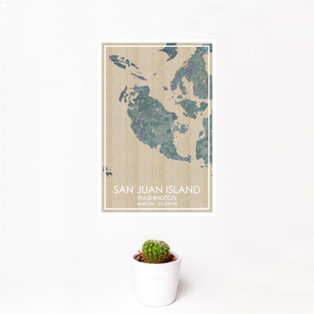 12x18 San Juan Island Washington Map Print Portrait Orientation in Afternoon Style With Small Cactus Plant in White Planter