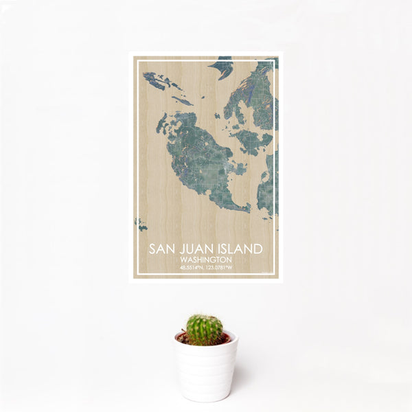 12x18 San Juan Island Washington Map Print Portrait Orientation in Afternoon Style With Small Cactus Plant in White Planter
