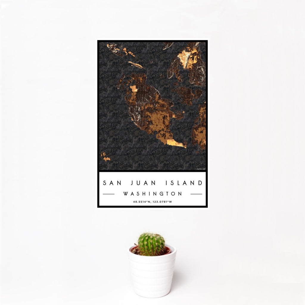 12x18 San Juan Island Washington Map Print Portrait Orientation in Ember Style With Small Cactus Plant in White Planter