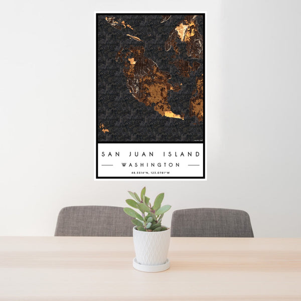 24x36 San Juan Island Washington Map Print Portrait Orientation in Ember Style Behind 2 Chairs Table and Potted Plant