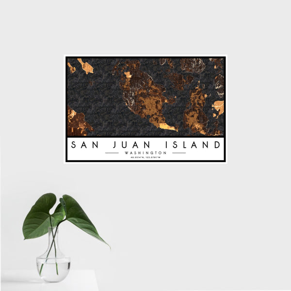 16x24 San Juan Island Washington Map Print Landscape Orientation in Ember Style With Tropical Plant Leaves in Water