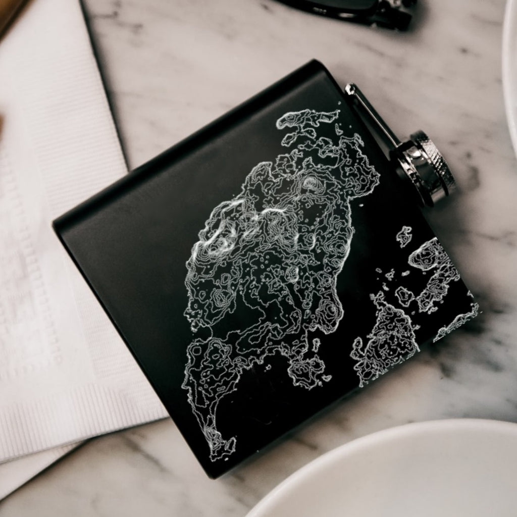 San Juan Island Washington Custom Engraved City Map Inscription Coordinates on 6oz Stainless Steel Flask in Black