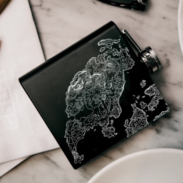 San Juan Island Washington Custom Engraved City Map Inscription Coordinates on 6oz Stainless Steel Flask in Black