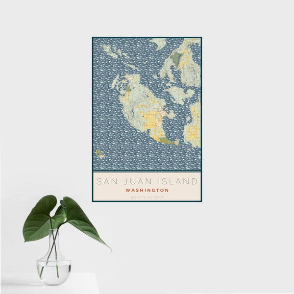 16x24 San Juan Island Washington Map Print Portrait Orientation in Woodblock Style With Tropical Plant Leaves in Water