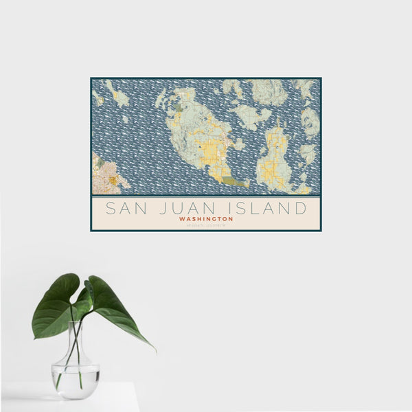 16x24 San Juan Island Washington Map Print Landscape Orientation in Woodblock Style With Tropical Plant Leaves in Water