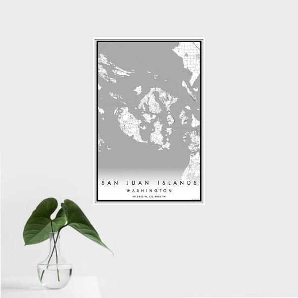 16x24 San Juan Islands Washington Map Print Portrait Orientation in Classic Style With Tropical Plant Leaves in Water