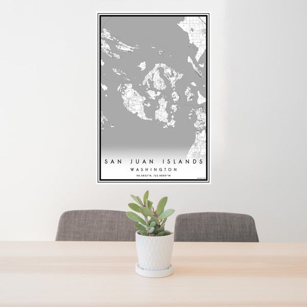 24x36 San Juan Islands Washington Map Print Portrait Orientation in Classic Style Behind 2 Chairs Table and Potted Plant