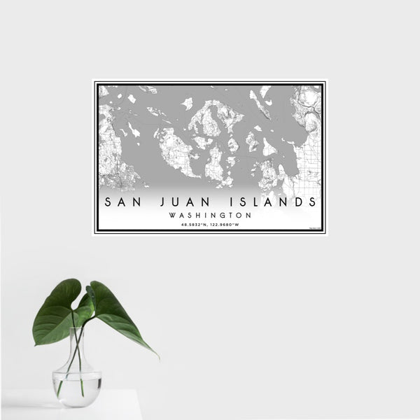 16x24 San Juan Islands Washington Map Print Landscape Orientation in Classic Style With Tropical Plant Leaves in Water