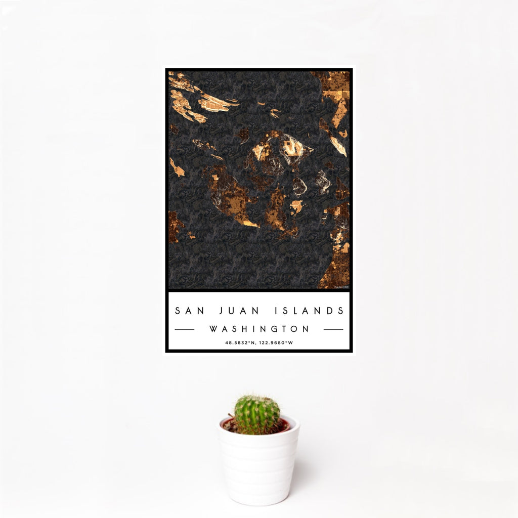 12x18 San Juan Islands Washington Map Print Portrait Orientation in Ember Style With Small Cactus Plant in White Planter