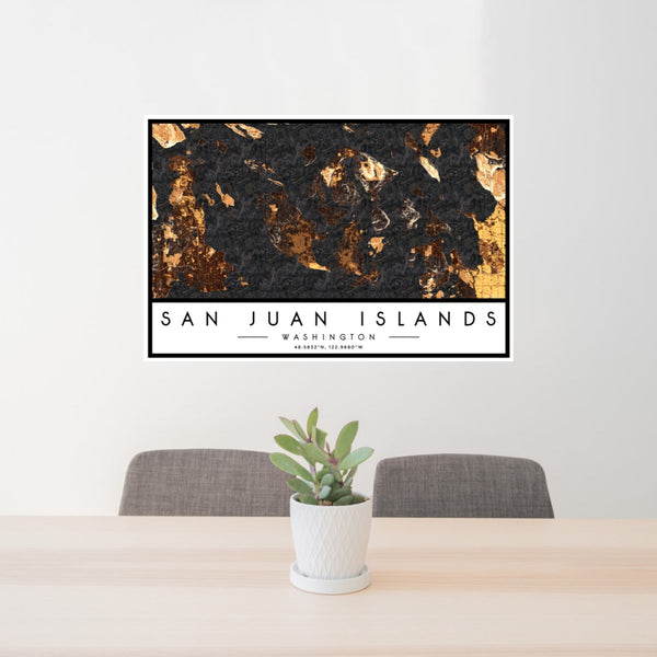 24x36 San Juan Islands Washington Map Print Landscape Orientation in Ember Style Behind 2 Chairs Table and Potted Plant
