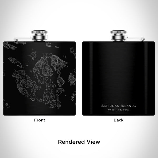 Rendered View of San Juan Islands Washington Map Engraving on 6oz Stainless Steel Flask in Black