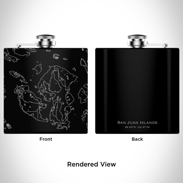 Rendered View of San Juan Islands Washington Map Engraving on 6oz Stainless Steel Flask in Black