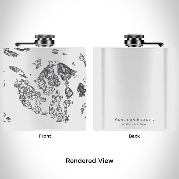 Rendered View of San Juan Islands Washington Map Engraving on 6oz Stainless Steel Flask in White