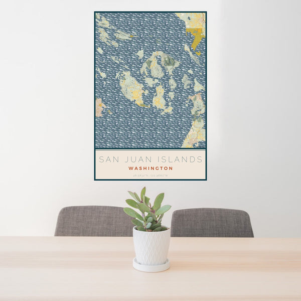 24x36 San Juan Islands Washington Map Print Portrait Orientation in Woodblock Style Behind 2 Chairs Table and Potted Plant