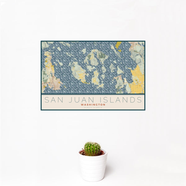 12x18 San Juan Islands Washington Map Print Landscape Orientation in Woodblock Style With Small Cactus Plant in White Planter