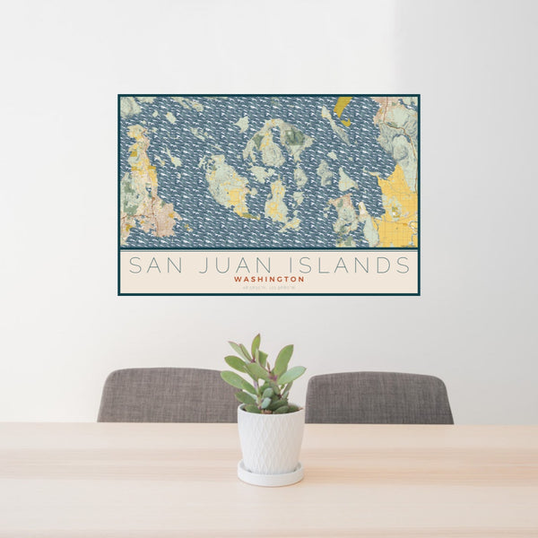 24x36 San Juan Islands Washington Map Print Landscape Orientation in Woodblock Style Behind 2 Chairs Table and Potted Plant