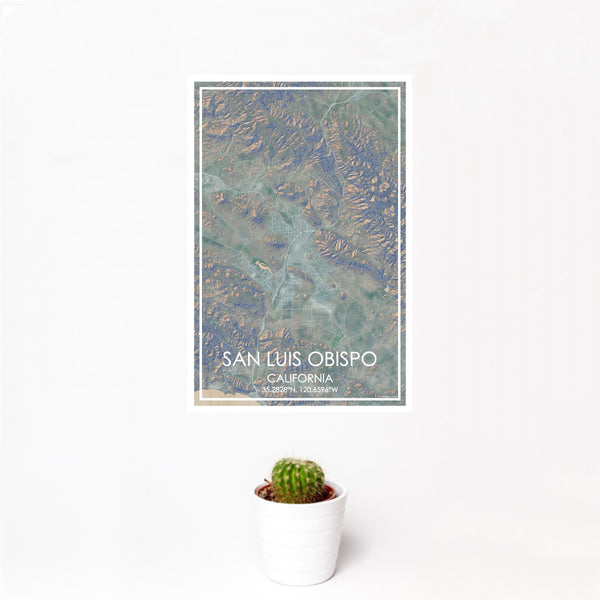 12x18 San Luis Obispo California Map Print Portrait Orientation in Afternoon Style With Small Cactus Plant in White Planter