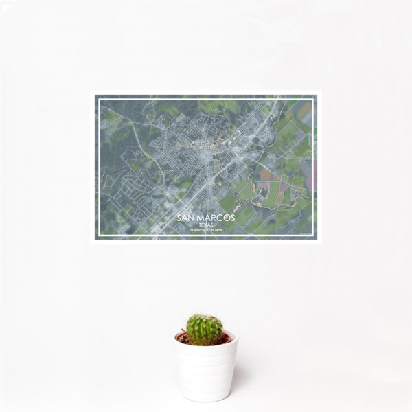 12x18 San Marcos Texas Map Print Landscape Orientation in Afternoon Style With Small Cactus Plant in White Planter