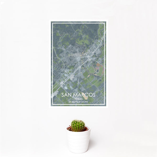 12x18 San Marcos Texas Map Print Portrait Orientation in Afternoon Style With Small Cactus Plant in White Planter