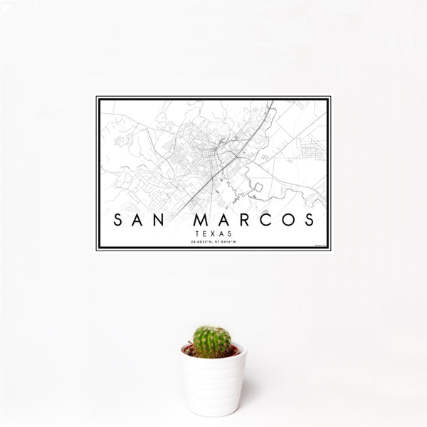 12x18 San Marcos Texas Map Print Landscape Orientation in Classic Style With Small Cactus Plant in White Planter