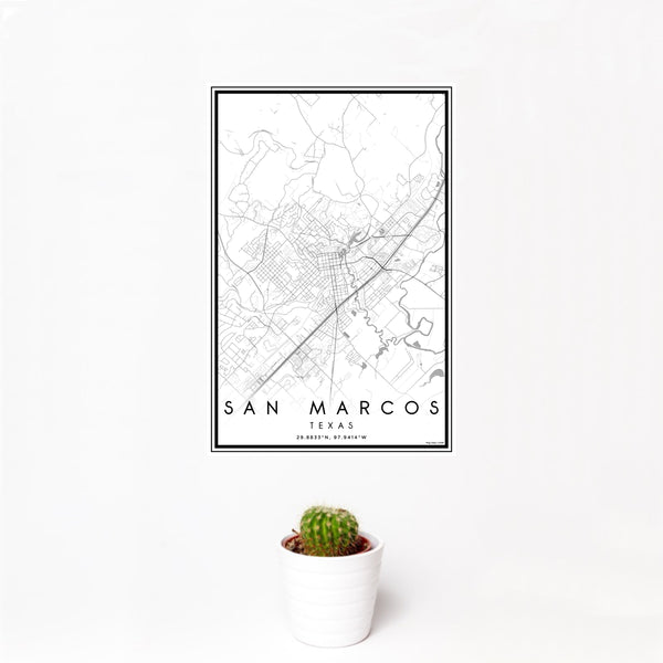 12x18 San Marcos Texas Map Print Portrait Orientation in Classic Style With Small Cactus Plant in White Planter