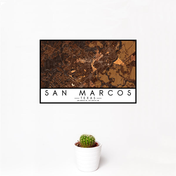 12x18 San Marcos Texas Map Print Landscape Orientation in Ember Style With Small Cactus Plant in White Planter