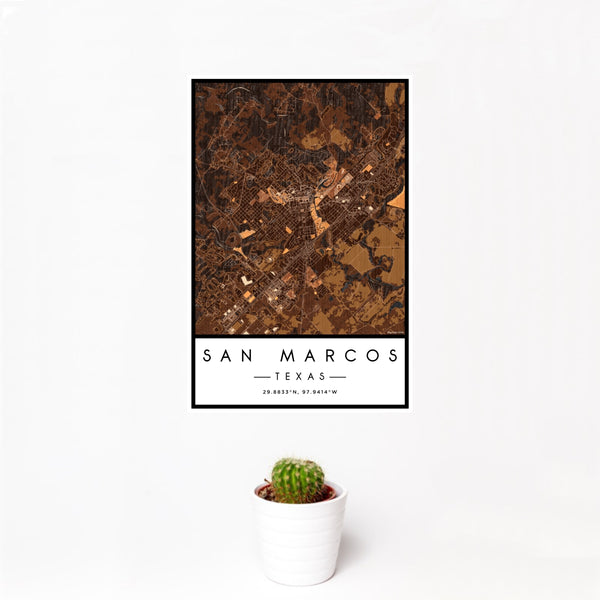 12x18 San Marcos Texas Map Print Portrait Orientation in Ember Style With Small Cactus Plant in White Planter