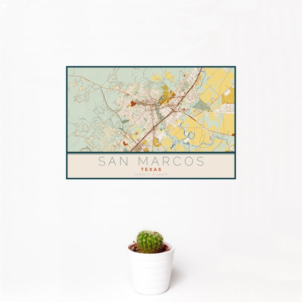 12x18 San Marcos Texas Map Print Landscape Orientation in Woodblock Style With Small Cactus Plant in White Planter