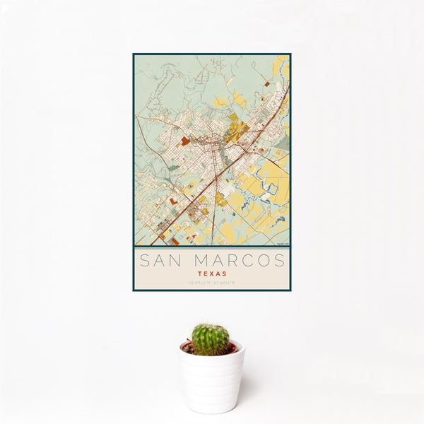 12x18 San Marcos Texas Map Print Portrait Orientation in Woodblock Style With Small Cactus Plant in White Planter