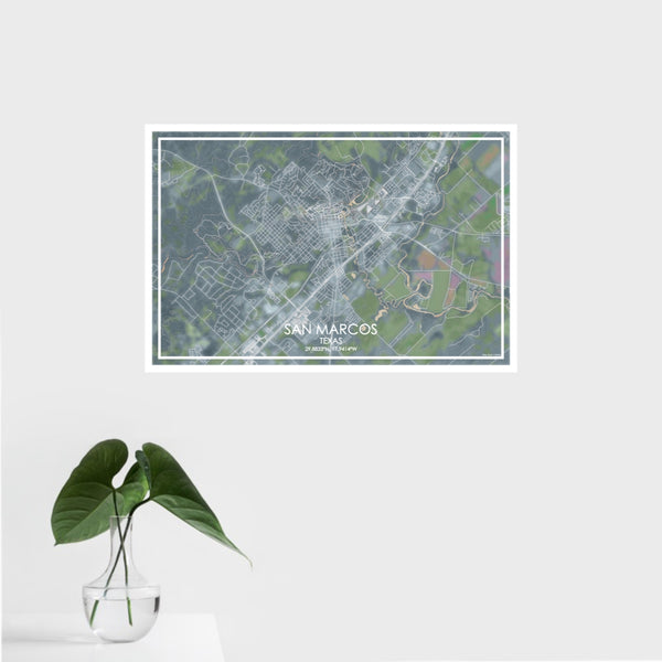 16x24 San Marcos Texas Map Print Landscape Orientation in Afternoon Style With Tropical Plant Leaves in Water
