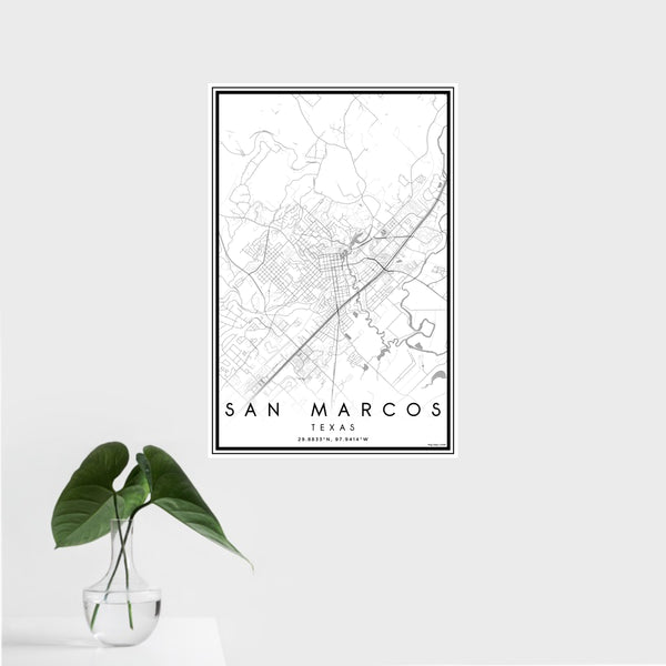 16x24 San Marcos Texas Map Print Portrait Orientation in Classic Style With Tropical Plant Leaves in Water