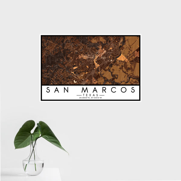 16x24 San Marcos Texas Map Print Landscape Orientation in Ember Style With Tropical Plant Leaves in Water